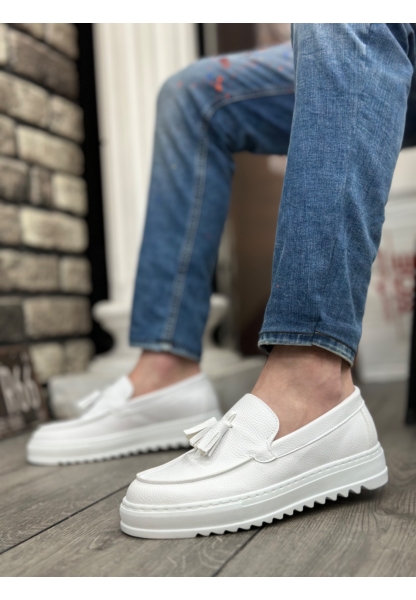 BA0154  Bağcıksız Yüksek Taban Cilt Beyaz Renk Püsküllü Erkek Ayakkabı