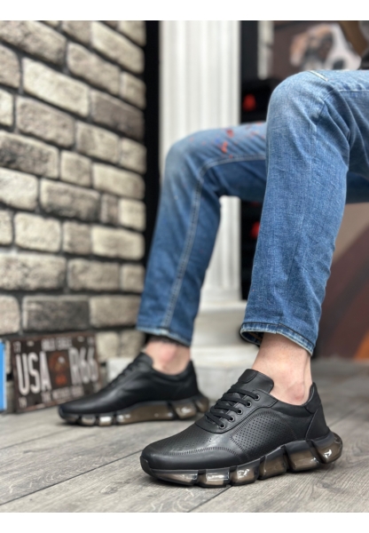 BA0344 İçi Dışı Hakiki Deri Rahat Taban Siyah Sneakers Casual Erkek Ayakkabı